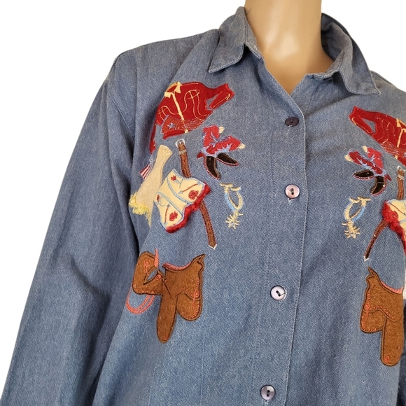 Vintage Western Denim Shirt Embroidered Cowboy Boots & Hat Women’s Button Down - Picture 3 of 4